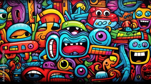 Pattern of a group of colorful faces, a frame made of childish doodles with thick, kids coloring