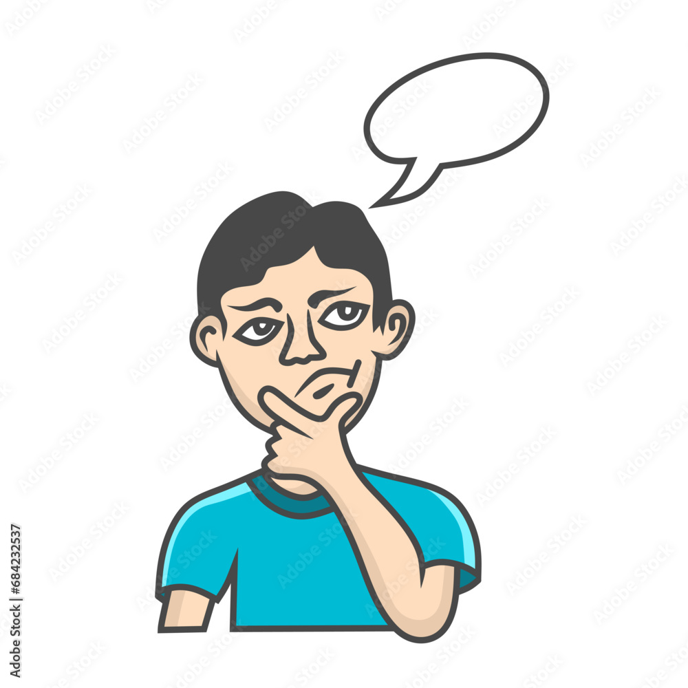 Vector design illustration of a man's gesture thinking or thinking about something, equipped with a chat bubble sign