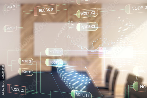 Multi exposure of abstract graphic coding sketch and world map on a modern furnished classroom background, big data and networking concept