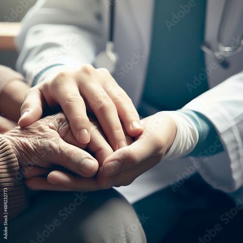 Parkinson disease patient, Alzheimer elderly senior, Arthritis person's hand in support of geriatric doctor or nursing caregiver, for disability awareness day, ageing society care service 