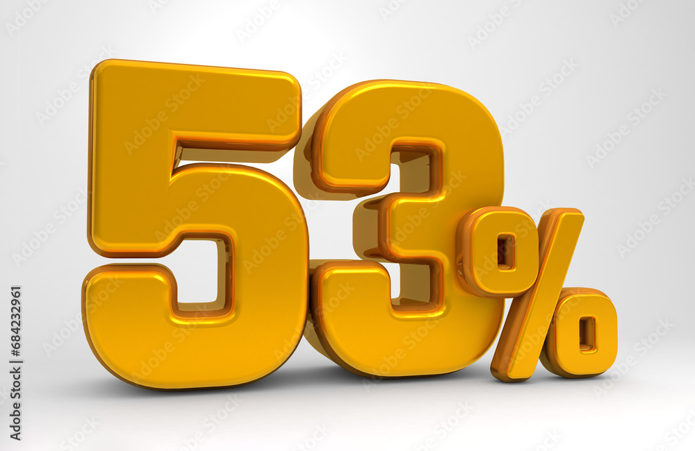 Golden 53% 3d isolated on white background. 53% off 3D. 53% mega sale or fifty three percent bonus. Sale of special offers. 3d rendering. Golden 53% 3d isolated on white background. 53% off 3D. 53% mega sale or fifty three percent bonus. Sale of special offers. 3d rendering.