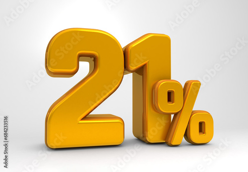 Golden 21% 3d isolated on white background. 21% off 3D. 21% mega sale or  twenty one percent bonus. Sale of special offers. 3d rendering.	 photo