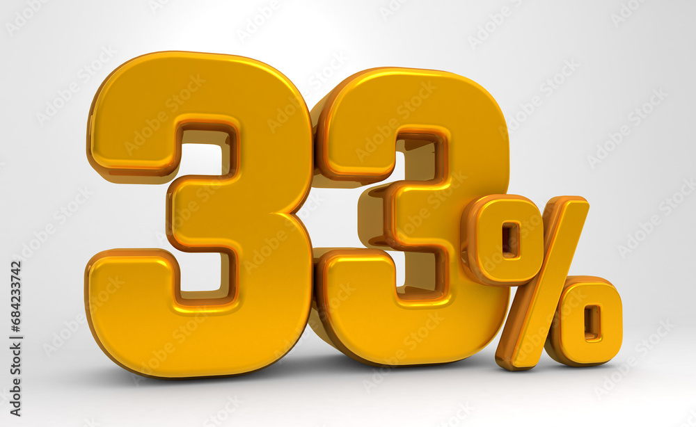 Golden 33% 3d isolated on white background. 33% off 3D. 33% mega sale or thirty three percent bonus. Sale of special offers. 3d rendering. Golden 33% 3d isolated on white background. 33% off 3D. 33% mega sale or thirty three percent bonus. Sale of special offers. 3d rendering.