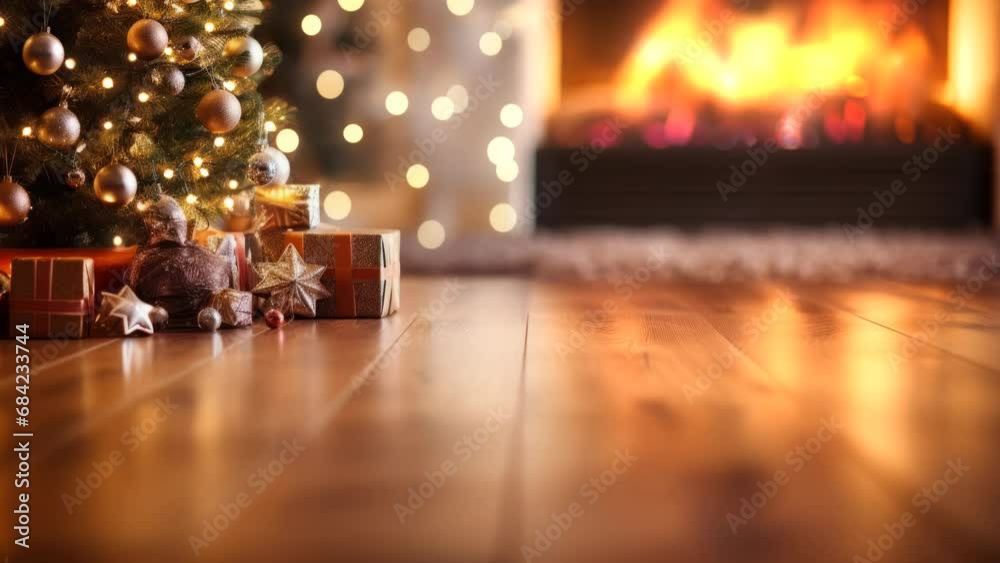 empty wooden floor in the foreground, christmas tree and fireplace in the background, 4k seamless loop