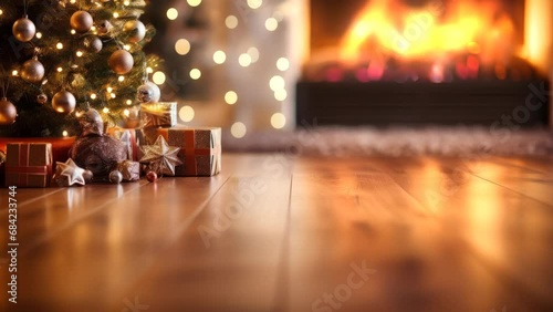 empty wooden floor in the foreground, christmas tree and fireplace in the background, 4k seamless loop