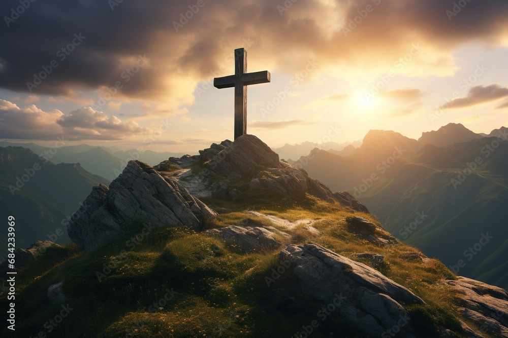 Wooden cross on the top of the mountain with clouds on the background