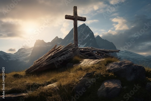 Wooden cross on the top of the mountain with clouds on the background © Rudsaphon