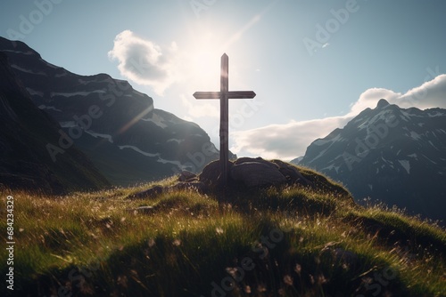 Wooden cross on the top of the mountain with clouds on the background