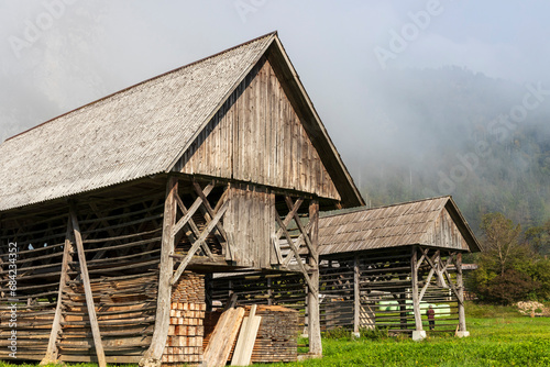Bohinjska, Slovenia. 10-01-2023. Old  hay dryer called Kozolec in Slovenia