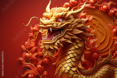 The golden dragon on a chinese red background, hyper-realistic details, shaped canvas, 3d, detailed character illustrations, poster, matte background. Chinese new year © Alicia