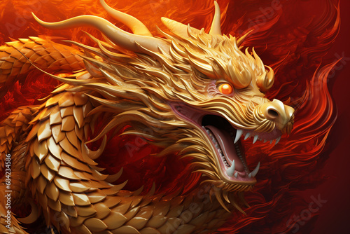The golden dragon on a chinese red background, hyper-realistic details, shaped canvas, 3d, detailed character illustrations, poster, matte background. Chinese new year