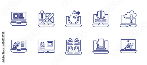 Laptop line icon set. Editable stroke. Vector illustration. Containing laptop, hacking, virtual event, data protection, fist, upload, virus.