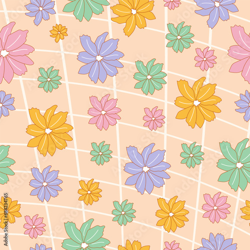 Hand drawn seamless pattern with flowers in candy colors and grid on background. 