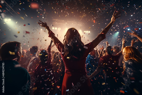 Happy crowd of people dancing in the nightclub with confetti everywhere 