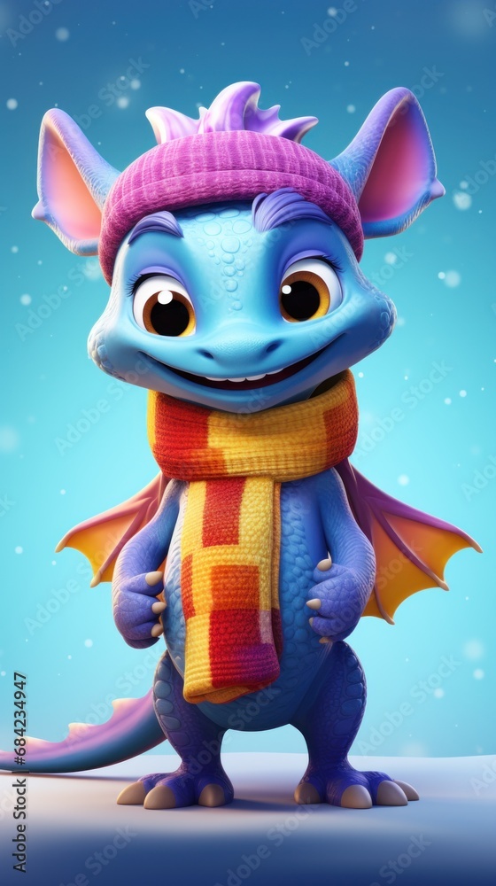 A cartoon mouse wearing a scarf and hat