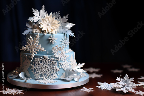 christmas decoration cake with snowflakes present