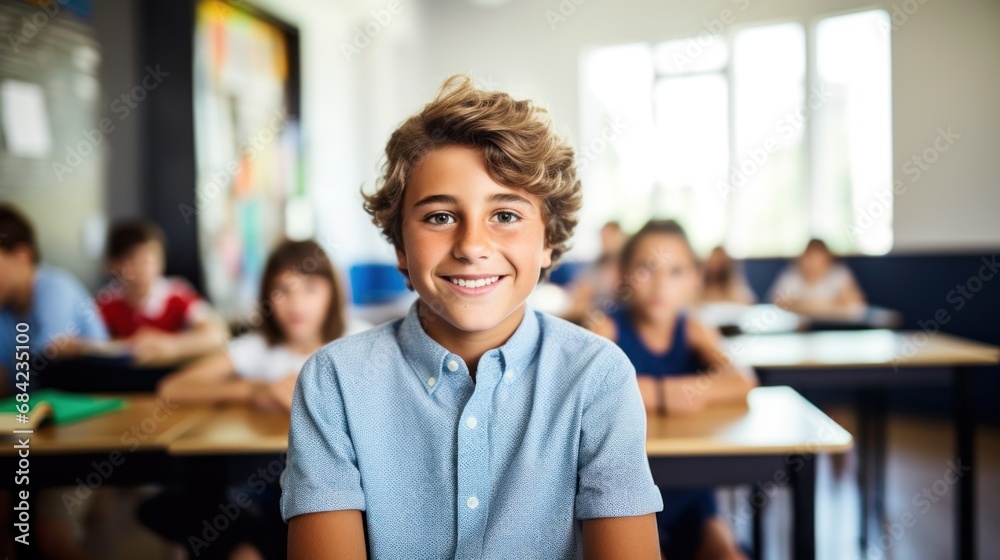 Fototapeta premium A boy in a blue shirt sitting in a classroom