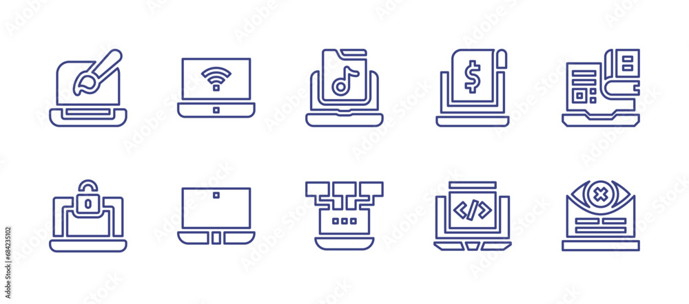 Laptop line icon set. Editable stroke. Vector illustration. Containing laptop, music, local network, receipt, code, online library, privacy.