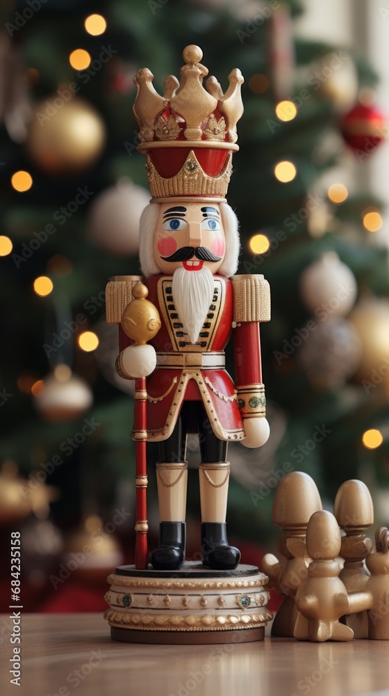 A wooden nutcracker with a christmas tree in the background