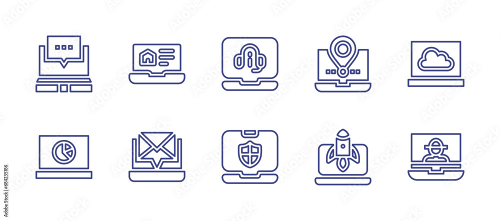 Laptop line icon set. Editable stroke. Vector illustration. Containing chat, video call, cloud, computer, analytics, protection, avatar, mail, startup.