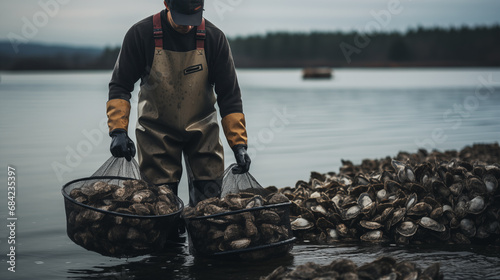 worker in oyster farm collecting cages with oysters . oyster aquaculture concept. photo