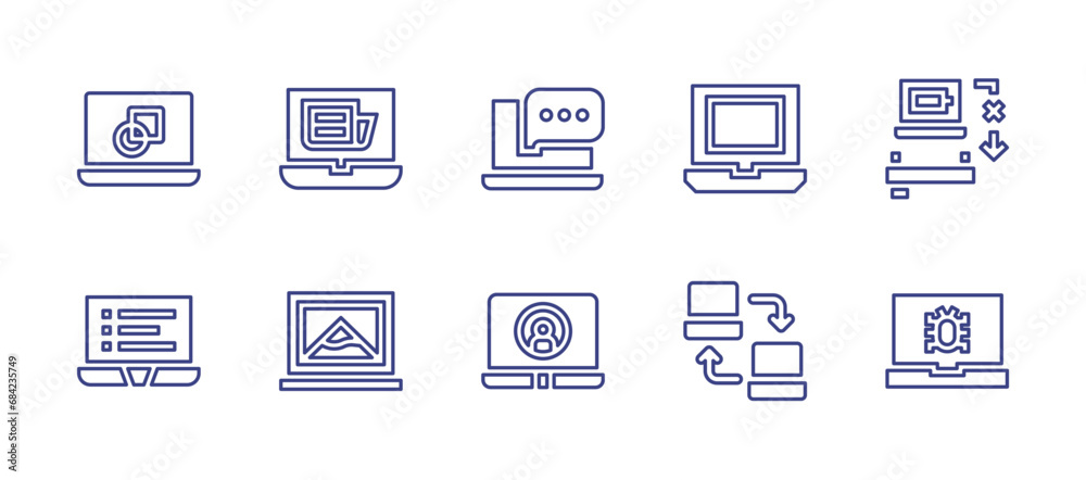 Laptop line icon set. Editable stroke. Vector illustration. Containing laptop, sharing, portable battery, virus.