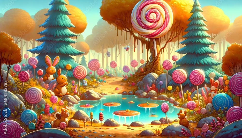 Enchanted Candy Forest Scene - Illustration, suitable for wallpapers, desktop backgrounds