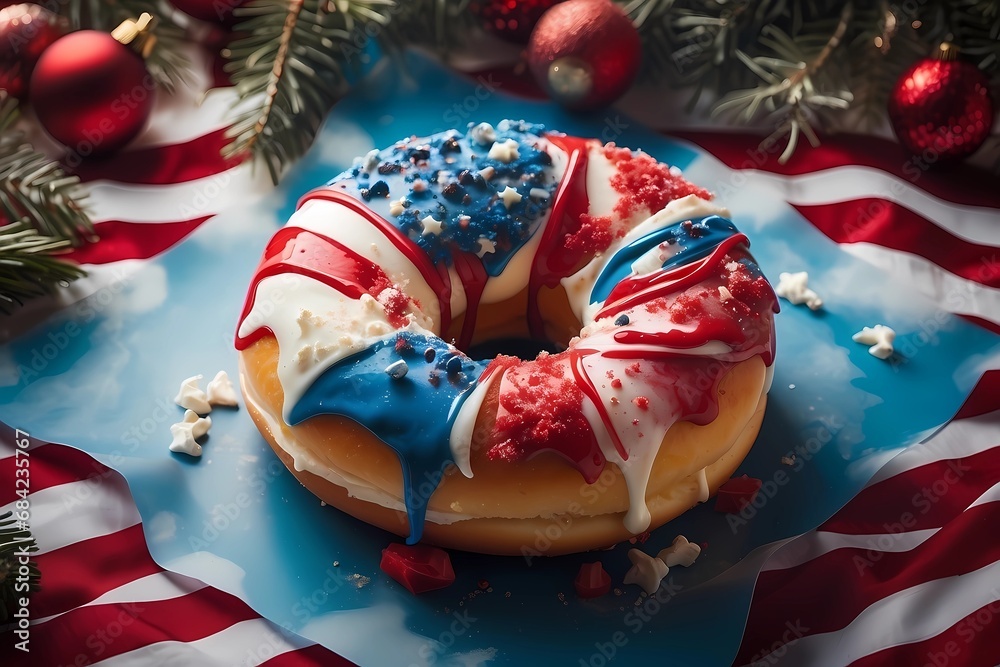Patriotic American Flag-Topped Doughnut - A Symbolic Fusion of Sweet Cuisine and National Pride