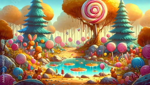 Enchanted Candy Forest Scene - Illustration  suitable for wallpapers  desktop backgrounds