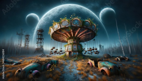 Abandoned Carousel in Alien Landscape - Illustration suitable for destkop wallpaper