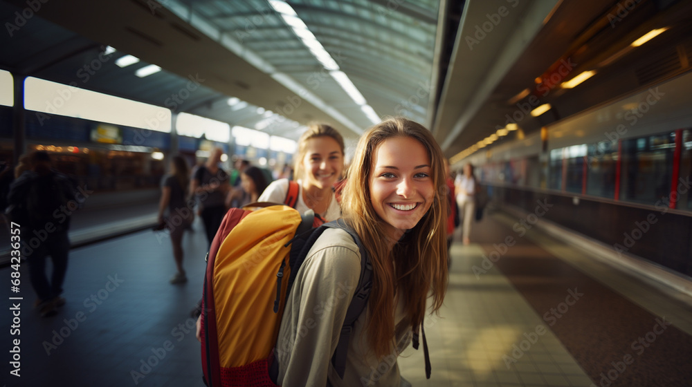 young adult women, caucasian, travel and trip and vacations, luggage and backpack, train station, everyday life or backpacker, journey, happy smiling, 20s, fictional location