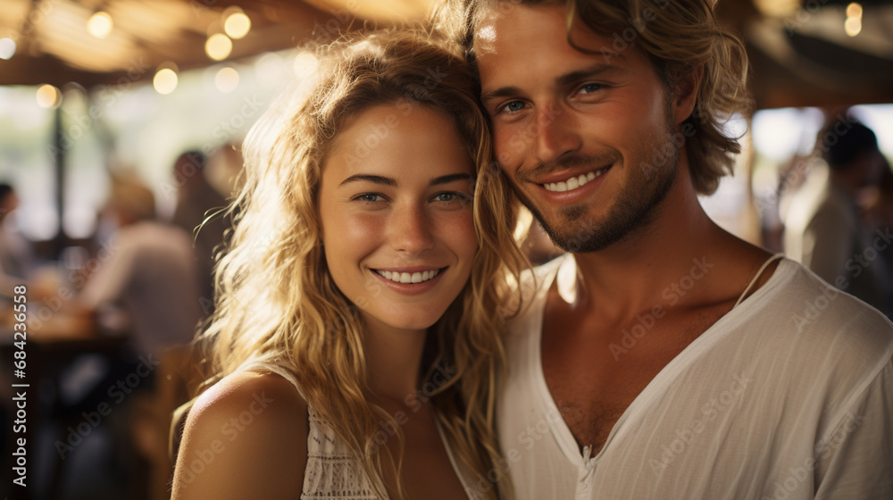 happy adult woman and man, caucasian, couple, blonde, 30s, slender attractive, happy smiling, vacations or traveling on vacations, natural and nature tropical, fictional location happy adult woman and man, caucasian, couple, blonde, 30s, slender attractive, happy smiling, vacations or traveling on vacations, natural and nature tropical, fictional location