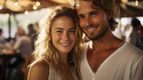 happy adult woman and man, caucasian, couple, blonde, 30s, slender attractive, happy smiling, vacations or traveling on vacations, natural and nature tropical, fictional location