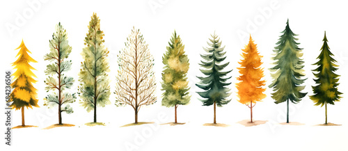 木々が並ぶ 水彩画イラストセット