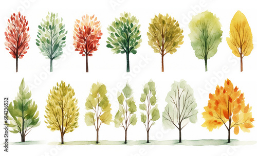 木々が並ぶ 水彩画イラストセット