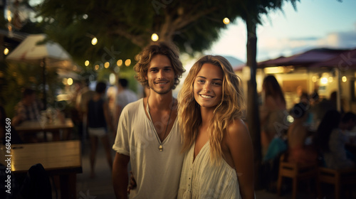 young adult woman and man, a couple, blonde attractive slender, at tropical vacations, side streets at the beach, beach road, locals and street vendors