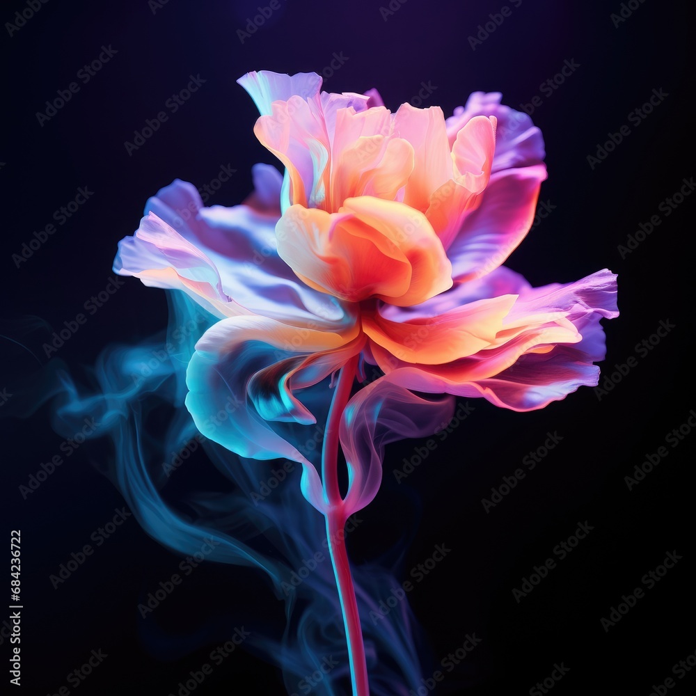 Colorful flower in neon colors on black background. Abstract multicolor floral backdrop with copy space. Magic fantasy flower