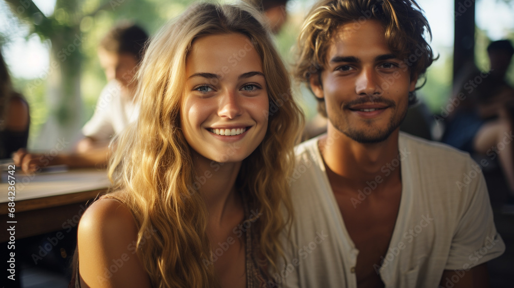 weekend or vacation, beer garden gathering, couple caucasian together, wooden tables and chairs, smiling happy, enjoy the summer warm temperatures, fictional location weekend or vacation, beer garden gathering, couple caucasian together, wooden tables and chairs, smiling happy, enjoy the summer warm temperatures, fictional location
