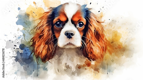 stockphoto, cute little cavalier king charles spaniel puppy in watercolor design. Portrait of a beautiful cavalier king charles spaniel. Watercolor style.  photo
