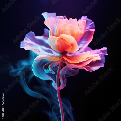 Colorful flower in neon colors on black background. Abstract multicolor floral backdrop with copy space. Magic fantasy flower