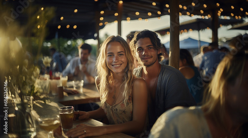 weekend or vacation, beer garden gathering, couple caucasian together, wooden tables and chairs, smiling happy, enjoy the summer warm temperatures, fictional location