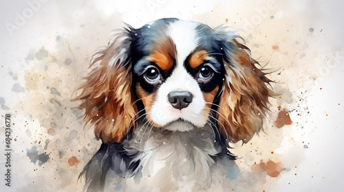 stockphoto, cute little cavalier king charles spaniel puppy in watercolor design. Portrait of a beautiful cavalier king charles spaniel. Watercolor style. 