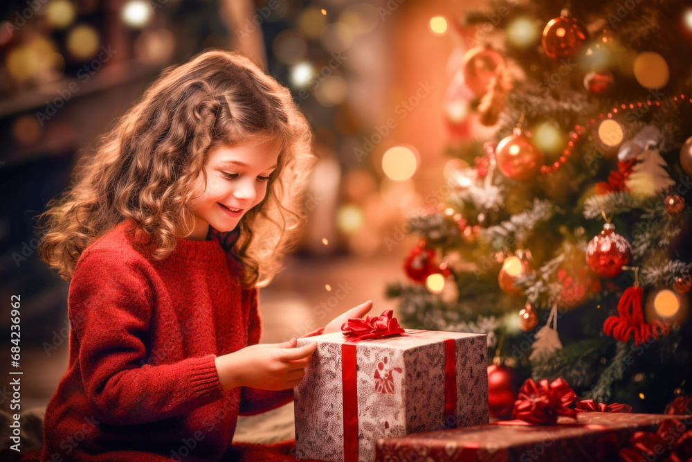 Young girl excitedly opening a gift under Christmas tree Young girl excitedly opening a gift under Christmas tree