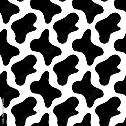 Vector design of cow skin seamless pattern with smooth black and white texture  can be used for fabrics  textiles  wrapping paper  tablecloths  curtain fabrics  clothing etc. Flat illustration.