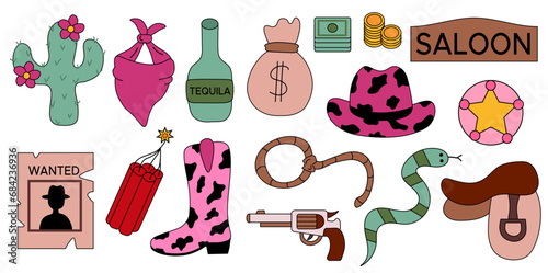 Collection of retro Cowgirl elements. Cowgirl boots, rope, gun, saddle, hat, horseshoe, tequila, dynamite, money bag, cactus. Western and wild west theme. Hand drawn vector illustration.