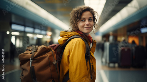 young adult woman, caucasian, travel and trip and vacations, luggage and backpack, train or bus station, everyday life or backpacker, journey, happy smiling, 20s, fictional location