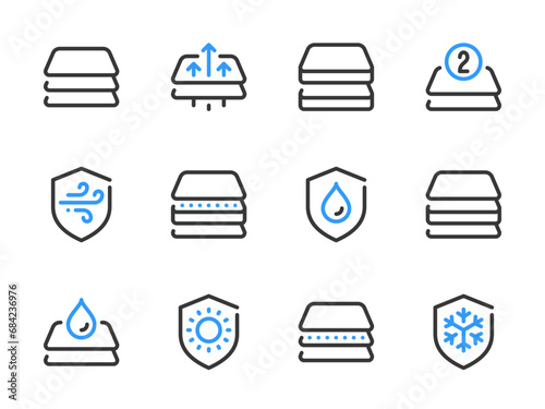 Fabric features vector line icons. Material protection and Layered fabric outline icon set.