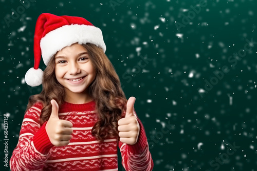 Smiling cute girl in Santa hat shows a like, thumbs up