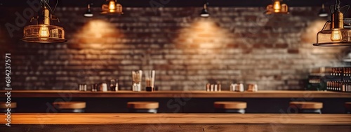 Elegant interior ambiance. Vintage inspired blurred background featuring dimly lit dining space with empty wooden table cozy chairs and subtle bokeh lights ideal for cafe and restaurant concepts