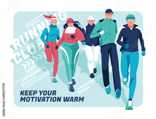 Banner for advertising running competitions or training. A group of athletes wearing warm clothes are running on an abstract background. Season of winter runs. Different races, fat people.